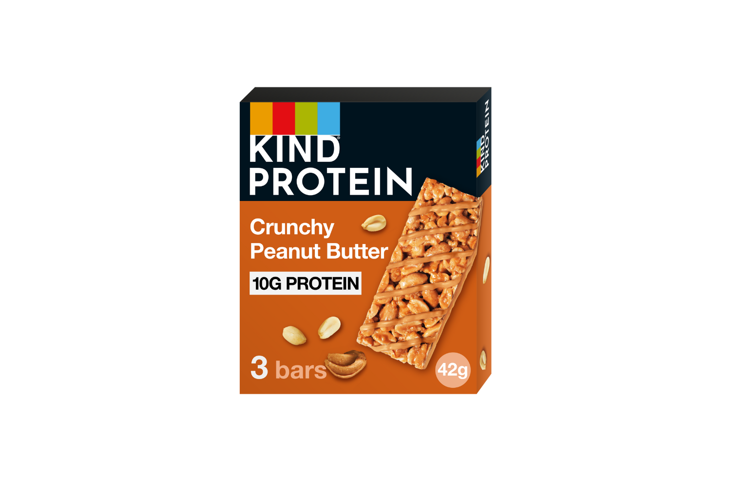 KIND Crunchy Peanut Butter Protein. Tasty, All the flavour. Nothing to hide. 10g of protein per bar.