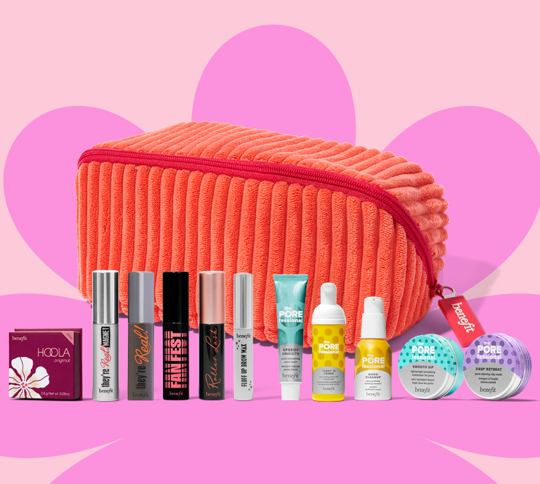 Picture shows makeup bag and 10 items in the set, 4 mascaras, 1 brow, 5 skincare.