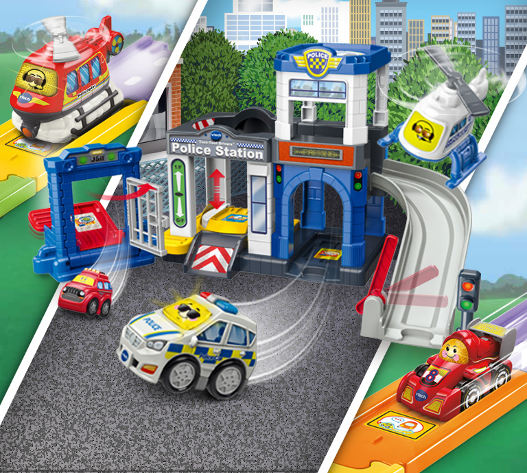 advertisement for Vtech Toot-Toot Drivers® range, with image of group of Toot-Toot Drivers products and shop now button
