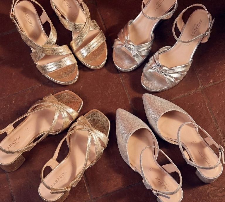 Occasion Heels shown on a model, heels are in a metallic tone, the collection comprises of low heel mid heel occasion shoes perfect for every occasion