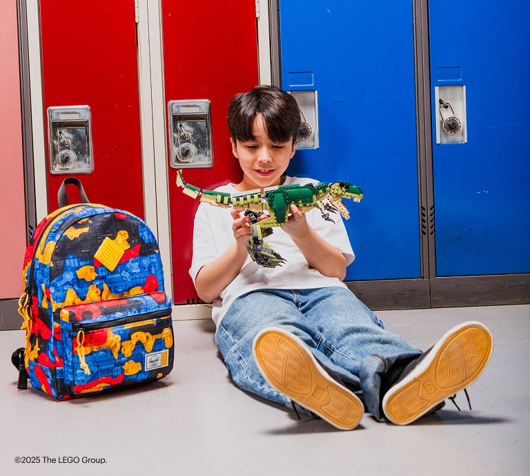 Boy with Herschel x LEGO Backpack