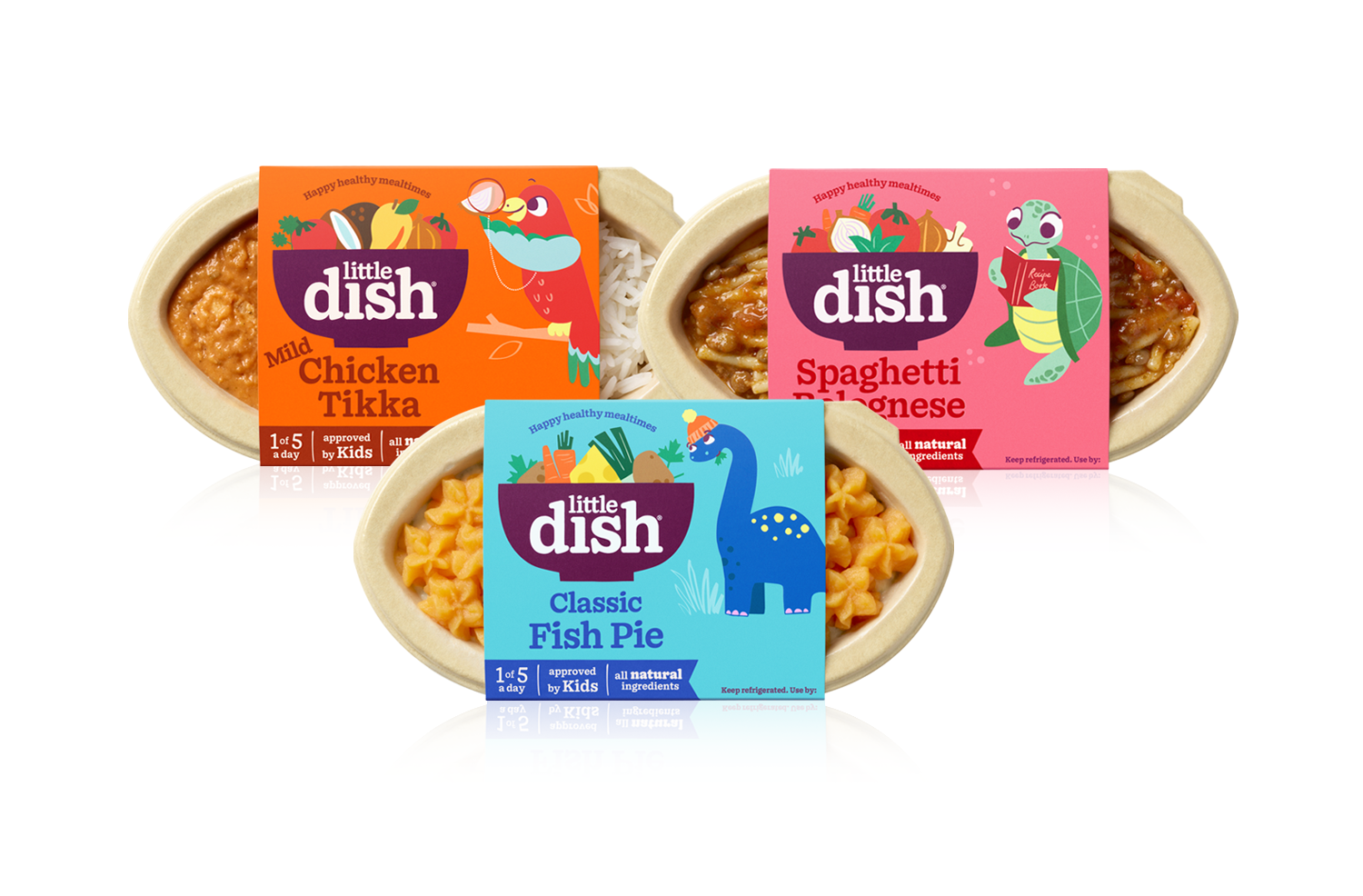 Three Little Dish product images - Little Dish Mild Chicken Tikka 200g, Little Dish Fish Pie 200g and Little Dish Spaghetti Bolognese 200g.