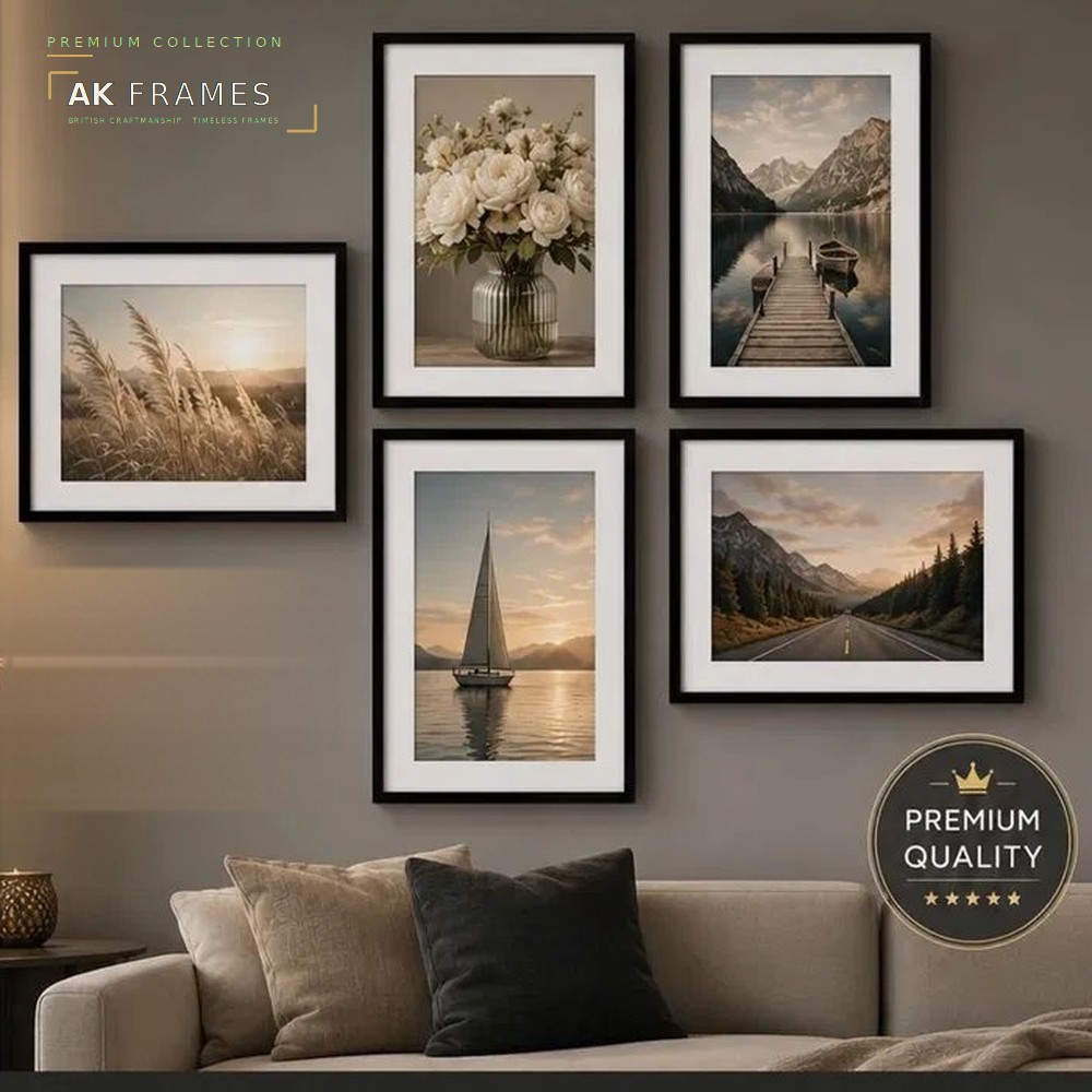 A gallery wall of five black AK Frames picture frames on a warm grey wall above a beige sofa, each holding a landscape or floral print, with the AK Frames logo.