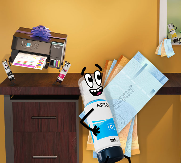 Image of an Epson "inkie" character standing next to a printer