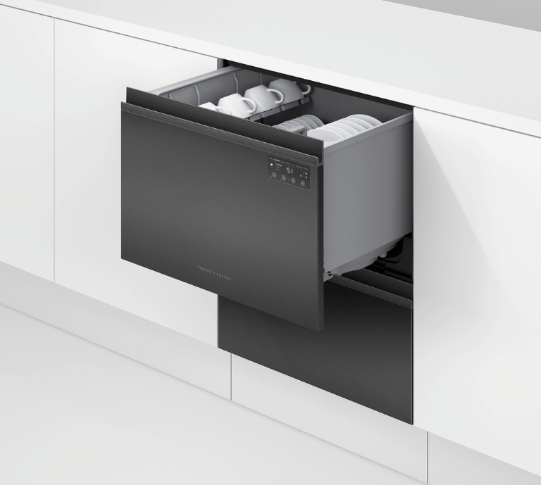 A picture of a black DishDrawer dishwasher in a white kitchen setting with the top drawer open and filled with plates and cups. 