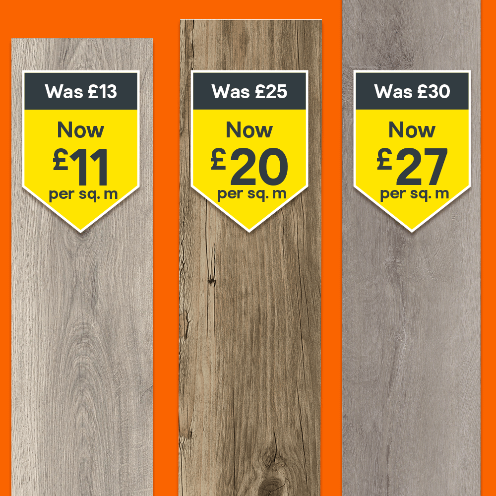 Flooring just got cheaper on selected products. Includes Eurohome Cookham Grey Natural Oak effect Laminate Flooring was £13 per square metre now £11 per square metre, GoodHome Baila Distressed natural