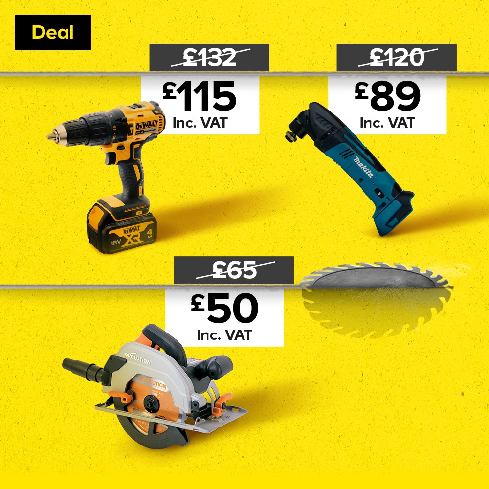 includes DeWalt drill was 132, now 115. Makita multi tool was 120, now 89 and evolution circular saw, was 65, now 50.