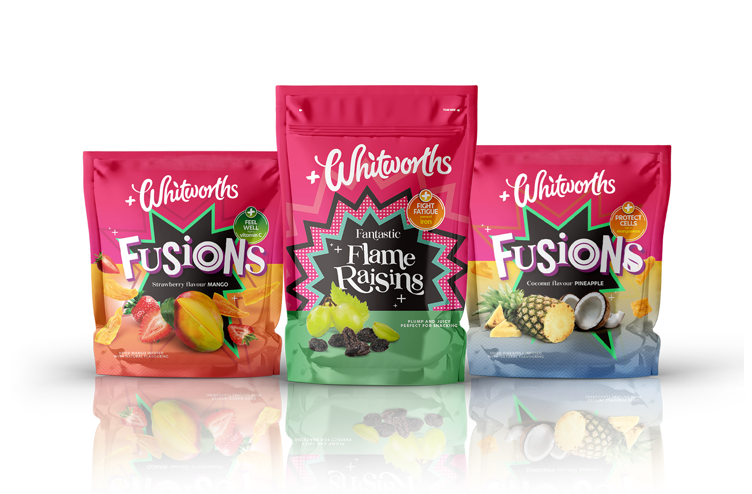 Hero image of packshots from Whitworths Fusions Strawberry flavoured  Mango, Fusions Coconut flavoured pineapple, and Whitworths flame raisins.