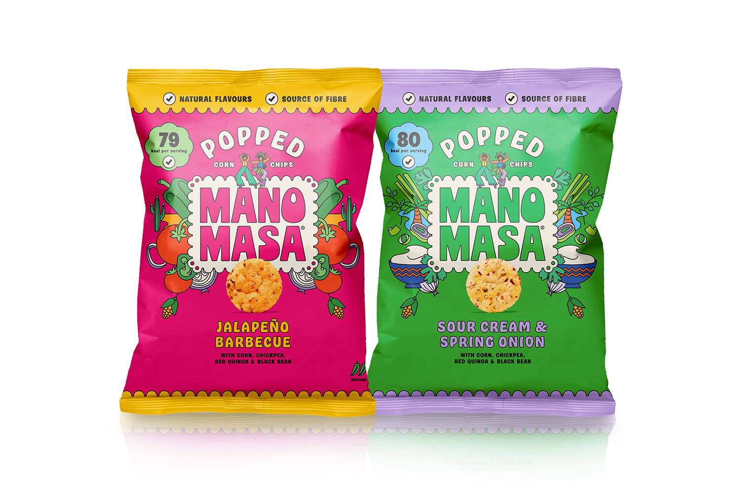 Manomasa Popped Corn Chips packaging with text reading ‘Packed with wholesome ingredients, a source of fibre and gluten free. Only 80kcal per serving.