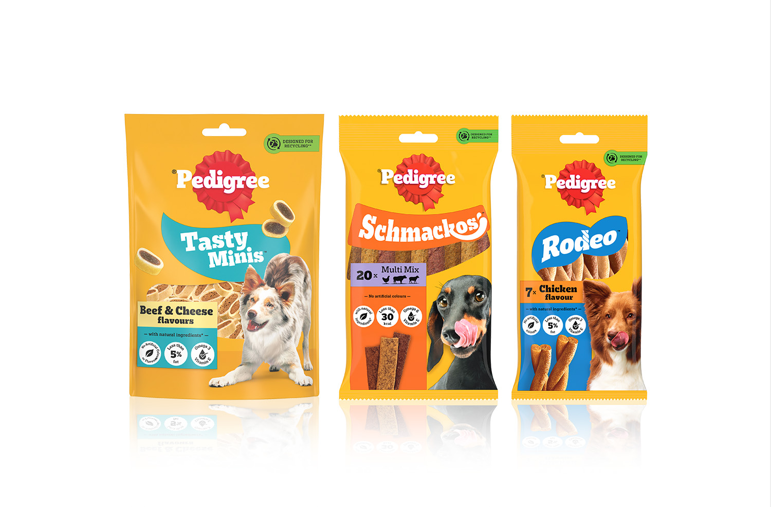 Banner Advertisement for Pedigree Dog Treats with 3 product images of Tasty Minis, Schmackos and Rodeo.