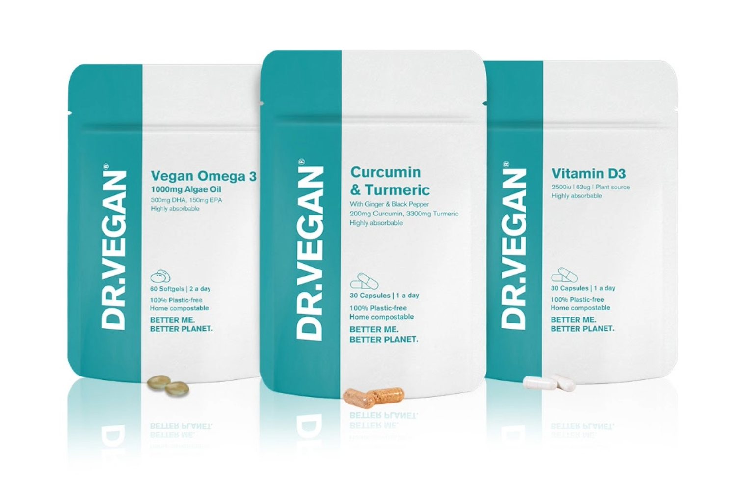 the image shows from left to right the DR.VEGAN® vegan omega 3 supplement, curcumin & turmeric supplement and vitamin d3 supplement.