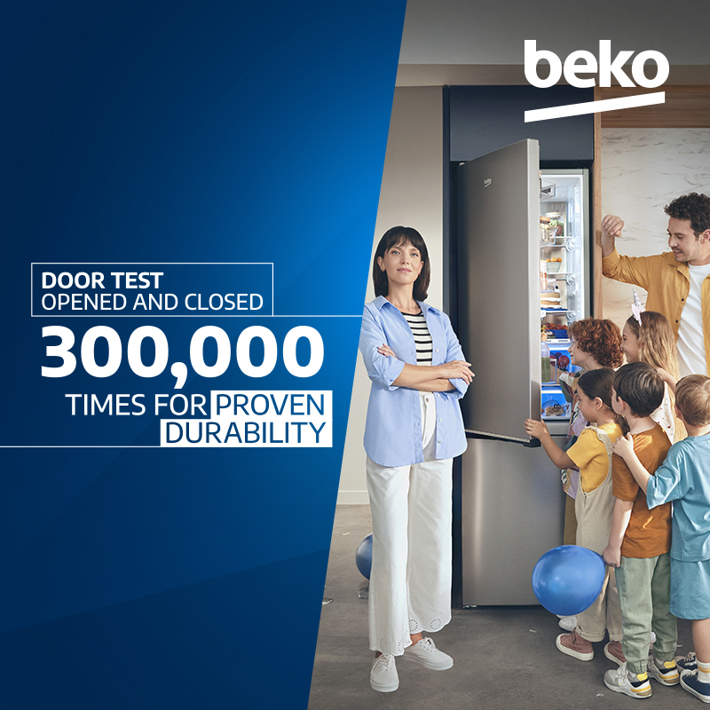 Sponsored Beko refrigeration advertisement showing a family using the fridge, with text stating “Door test opened and closed 300,000 times for proven durability