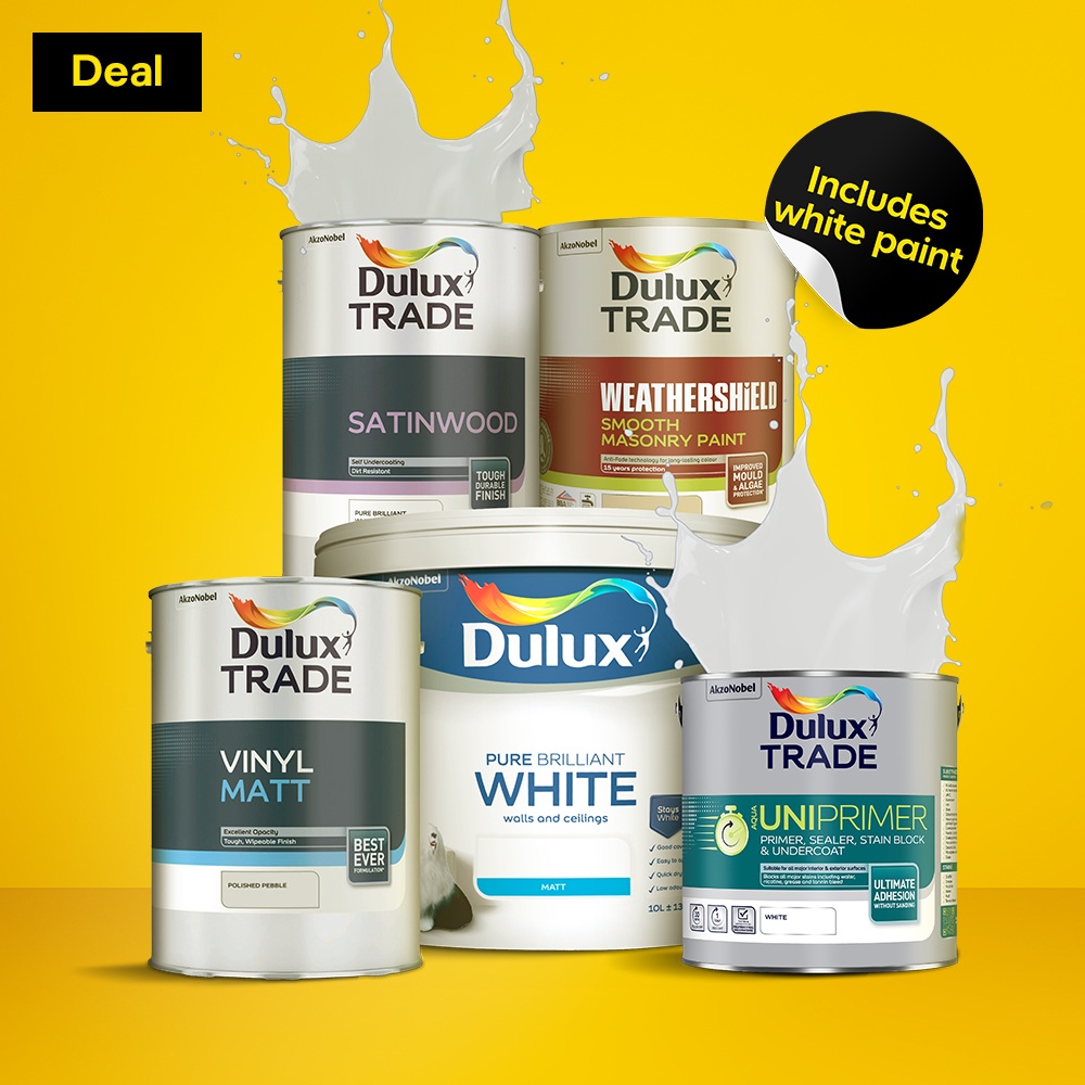 4 for 3 on Dulux & Dulux trade paint. Includes white paint. Terms & conditions apply, see the *Terms & conditions at the end of the page. Shop now.