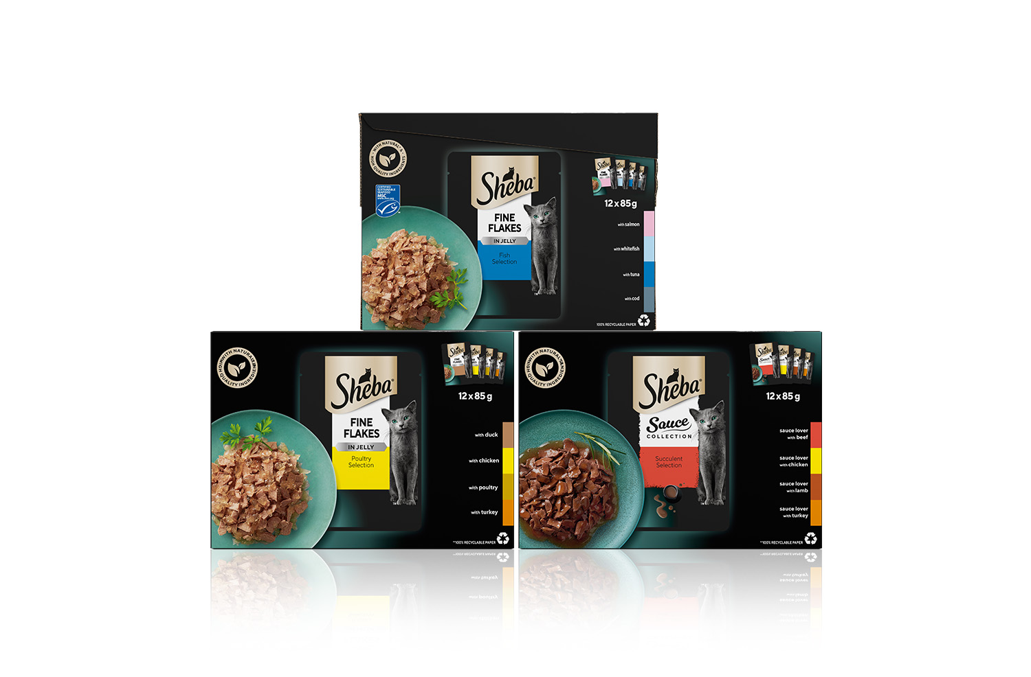 Banner Advertisement for Sheba with 3 product images of Sheba pouch 12 pack.