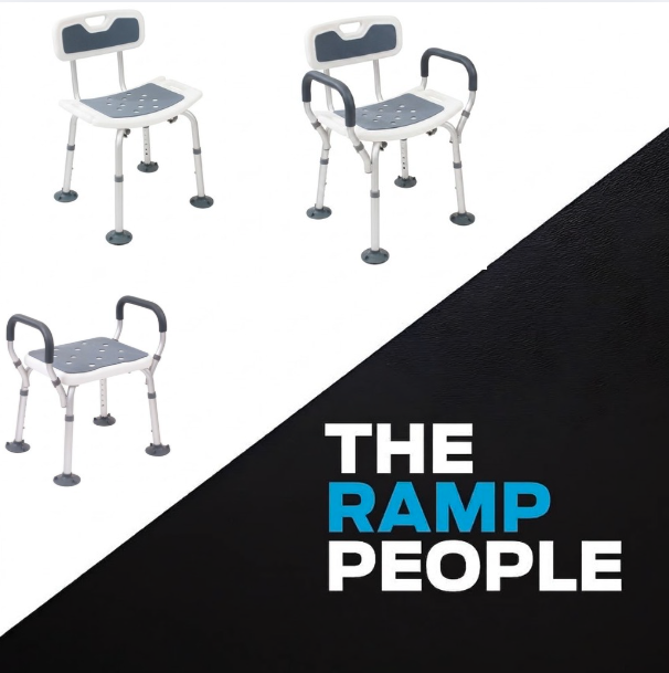 Shower stool with arms, a shower chair and a shower chair with arms and backrest. 