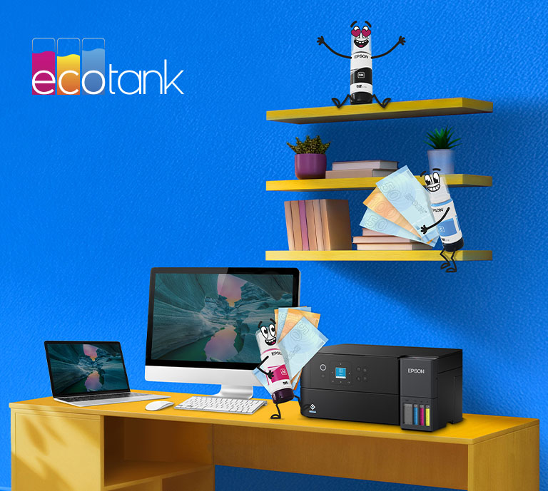 Ad for Epson EcoTank cashback promotion, featuring a printer and Inkies cartoon characters