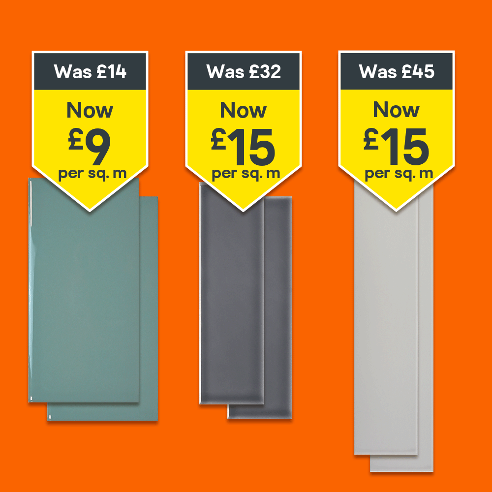 Tiling just got cheaper on selected products. Includes Johnson Veneto Blue Gloss Ceramic Indoor tile was £14 per square metre now £9 per square metre, Johnson Mayfair Dark grey Gloss Ceramic Indoor Ti