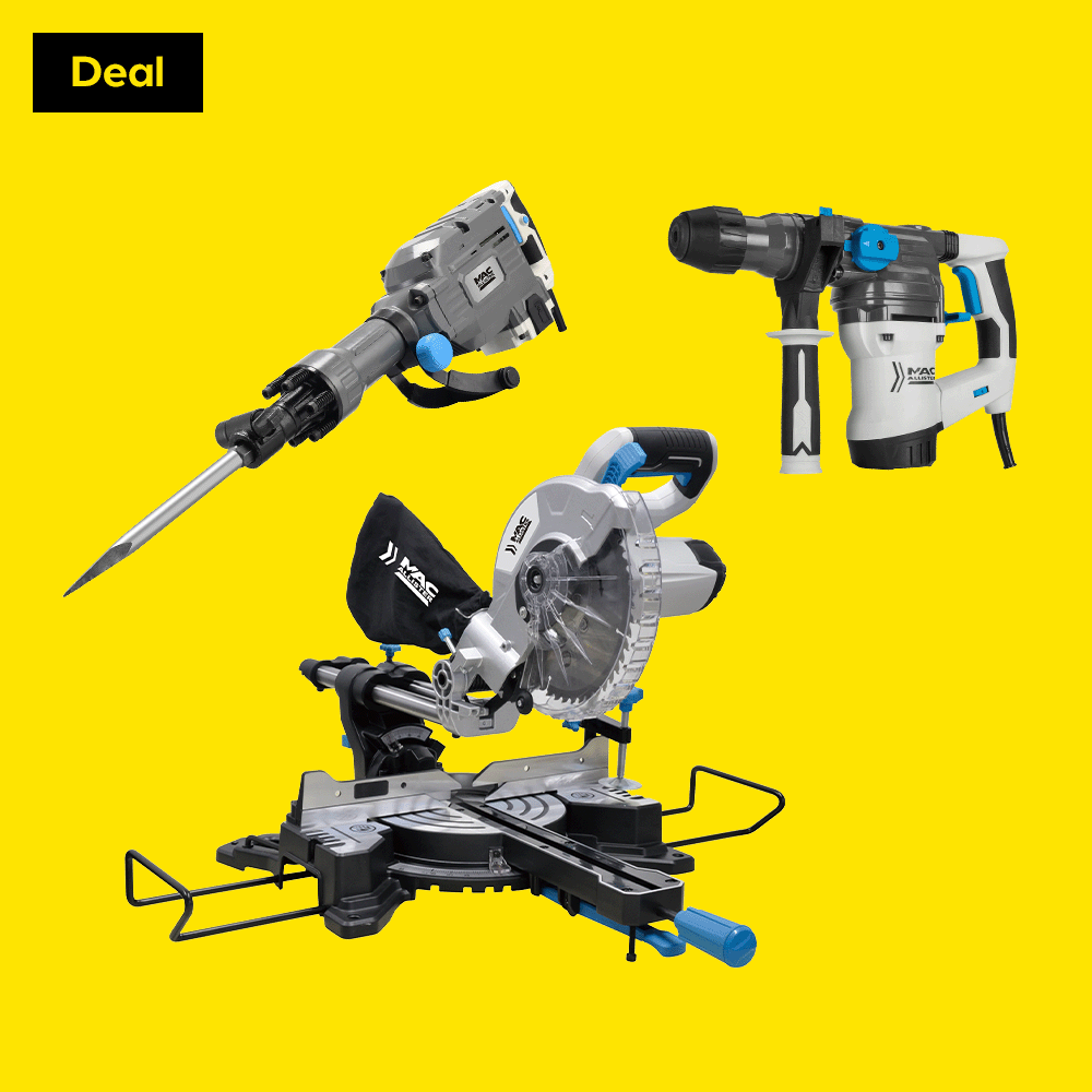 Deal. Includes Mac Allister demolition hammer, SDS drill and Mitre saw.