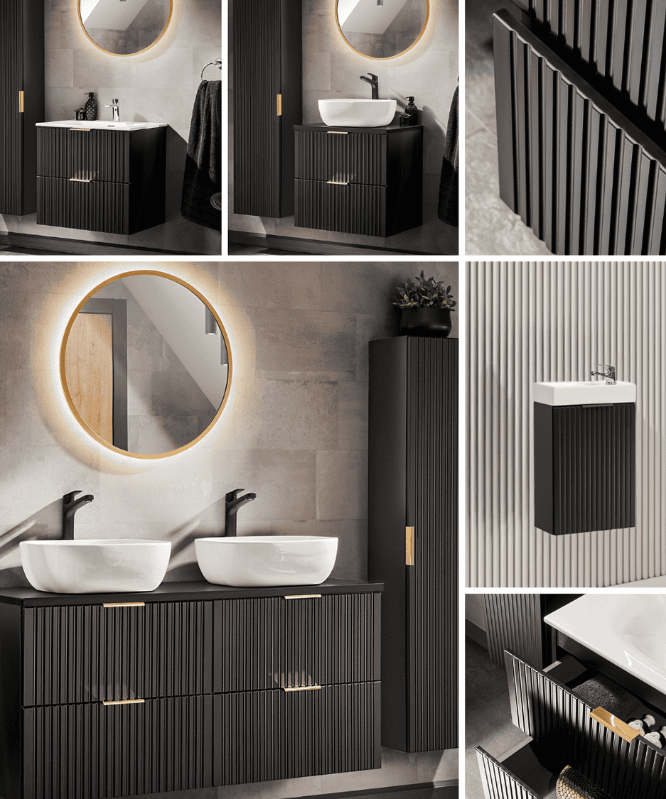 Sponsored Banner X - Advertisement for Impact Furniture black bathroom cabinets with a vanity unit product image and shop now button