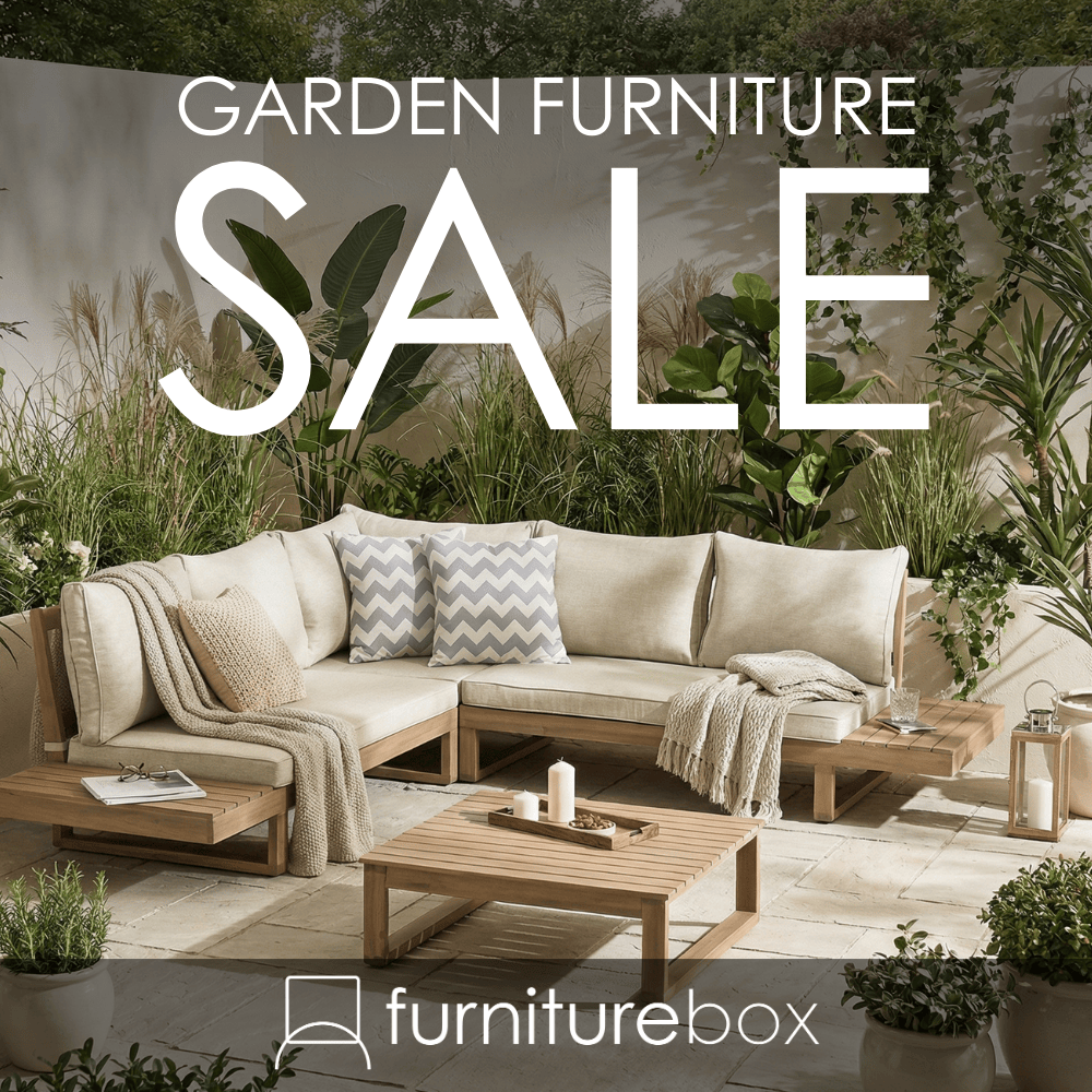 Outdoor garden sofa set with wooden frame and beige cushions, styled on a patio with plants and “Garden Sofa Sale” text overlay.
