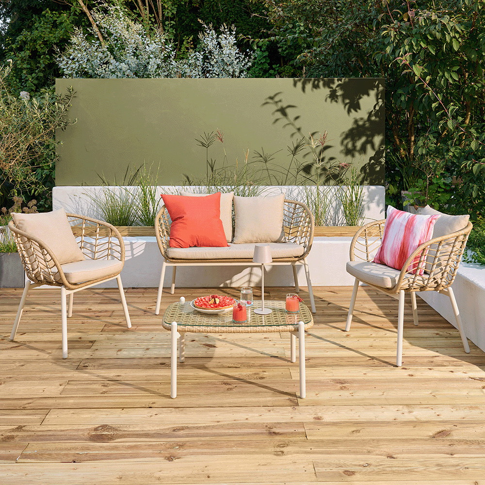 Shop up to 20% off selected outdoor living. Includes GoodHome Omalos Matt Beige Rattan effect Metal 4 Seater Coffee set.