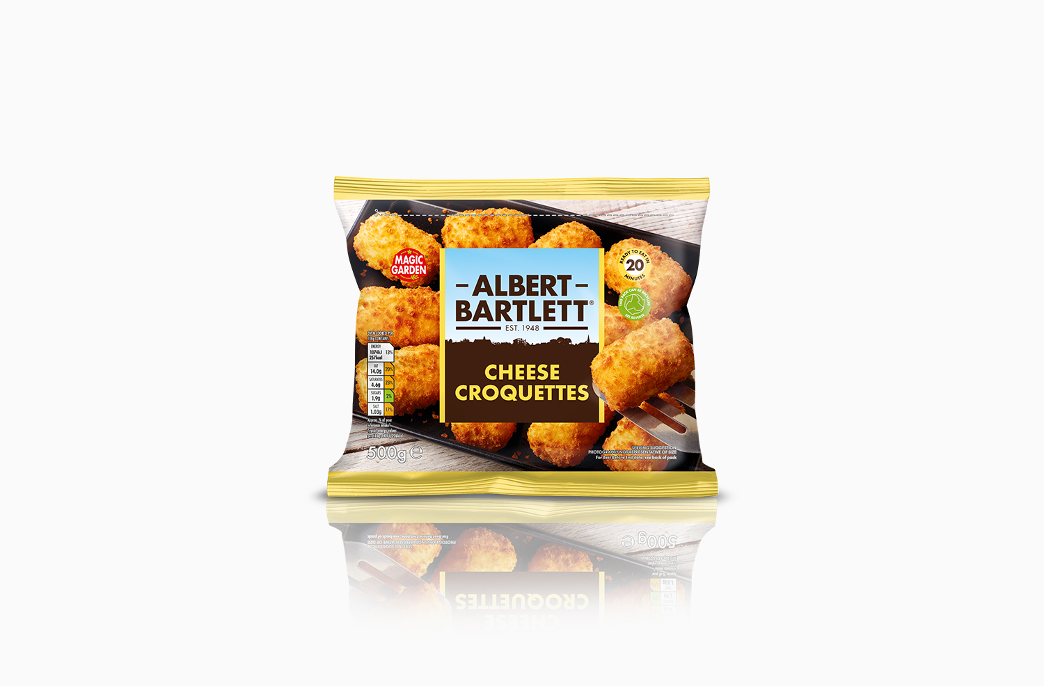 Albert Bartlett Cheese Croquettes 500g packaging. 20 Mins Cook Time. Recycle Logo
