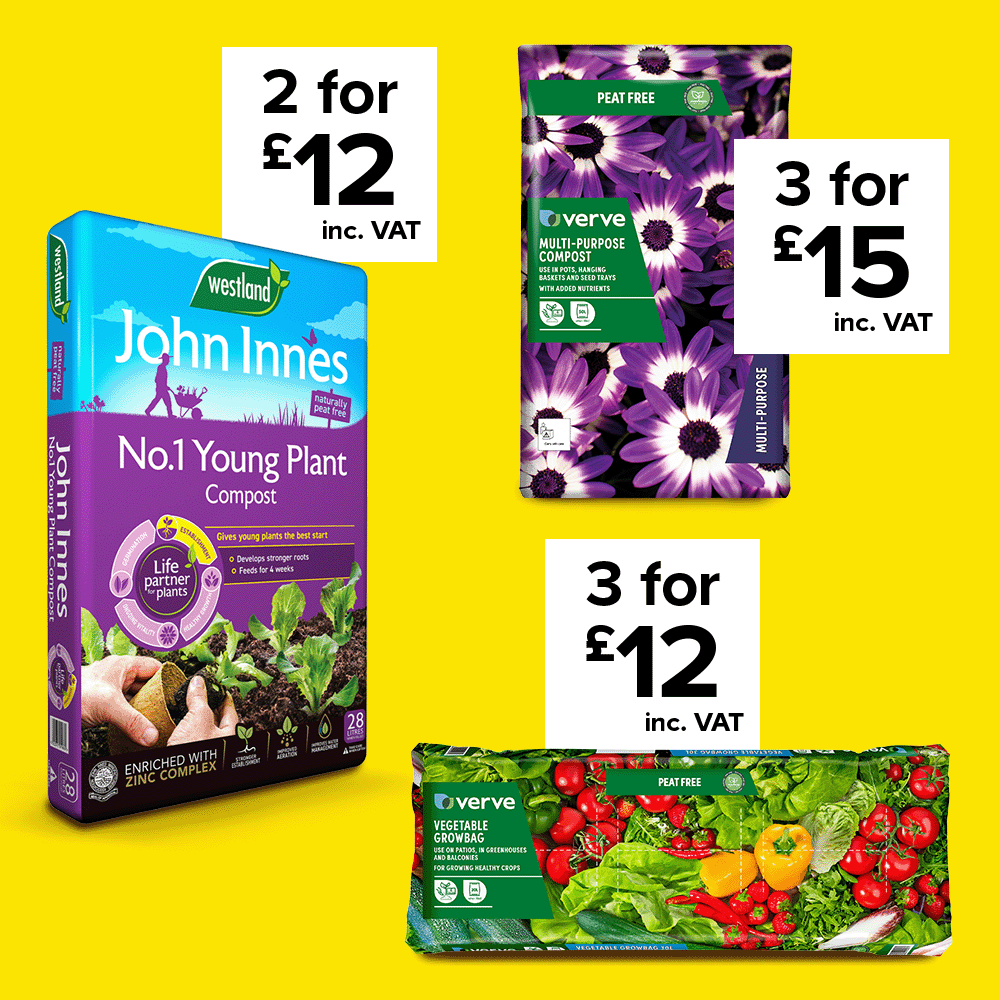 Offers on selected compost. shop now. 2 for £12 John Innes compost. 3 for £15 Verve multi-compost. 3 for £12 Verve vegetable grow bag.