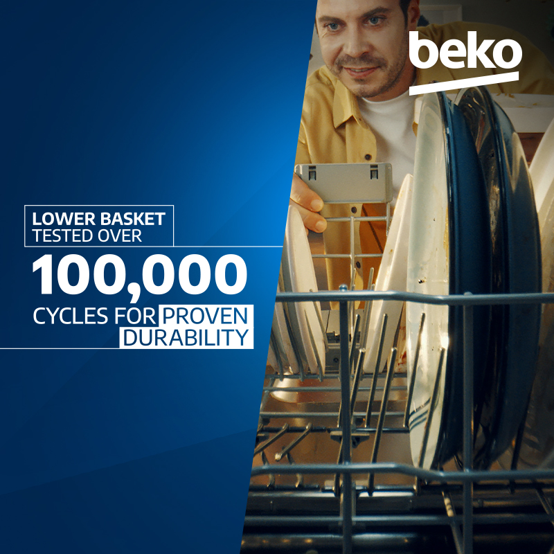 Sponsored Beko dishwasher advertisement showing a person loading dishes into the lower basket, with text stating “100,000 cycles proven durability.