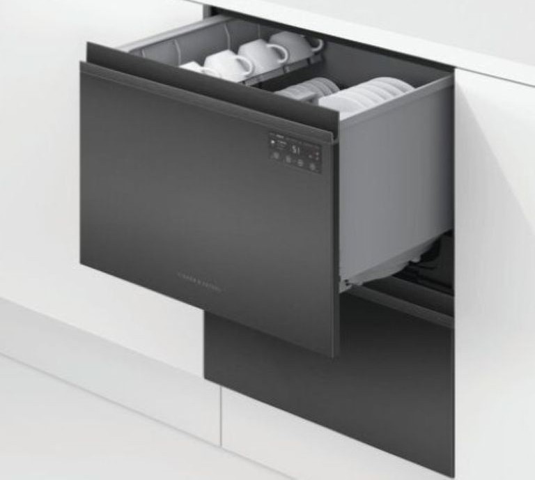 A black DishDrawer dishwasher installed in white kitchen cabinetry with the top drawer open and filled with white crockery.