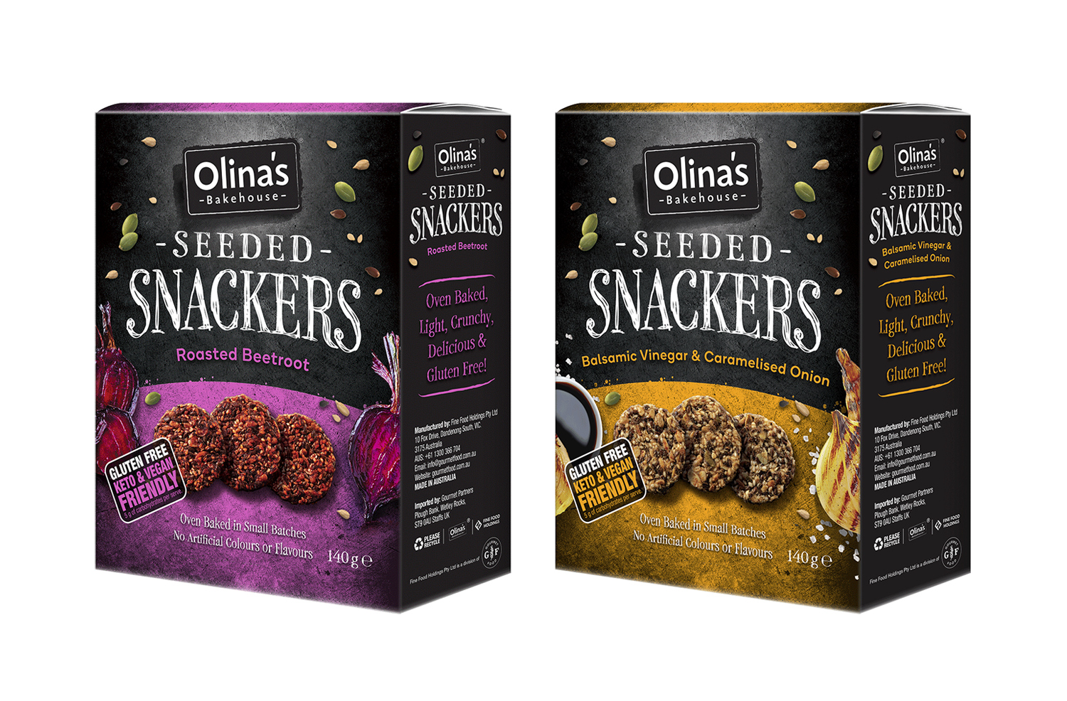 Olina's Vegan & Gluten Free Seeded Snackers.
Baked to perfection, delicious, artisan savoury crackers & snacks.