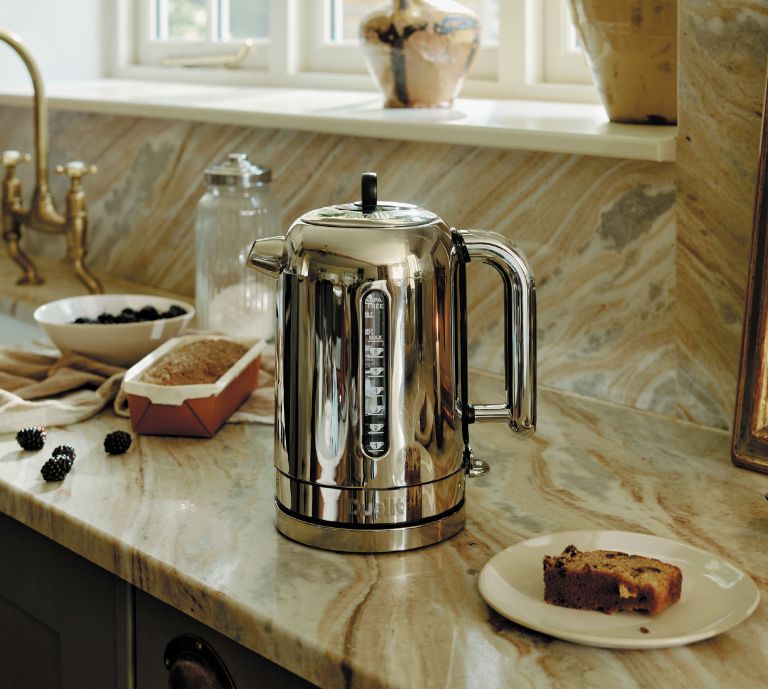 Chrome Polished Stainless Steel Kettle on marble countertop