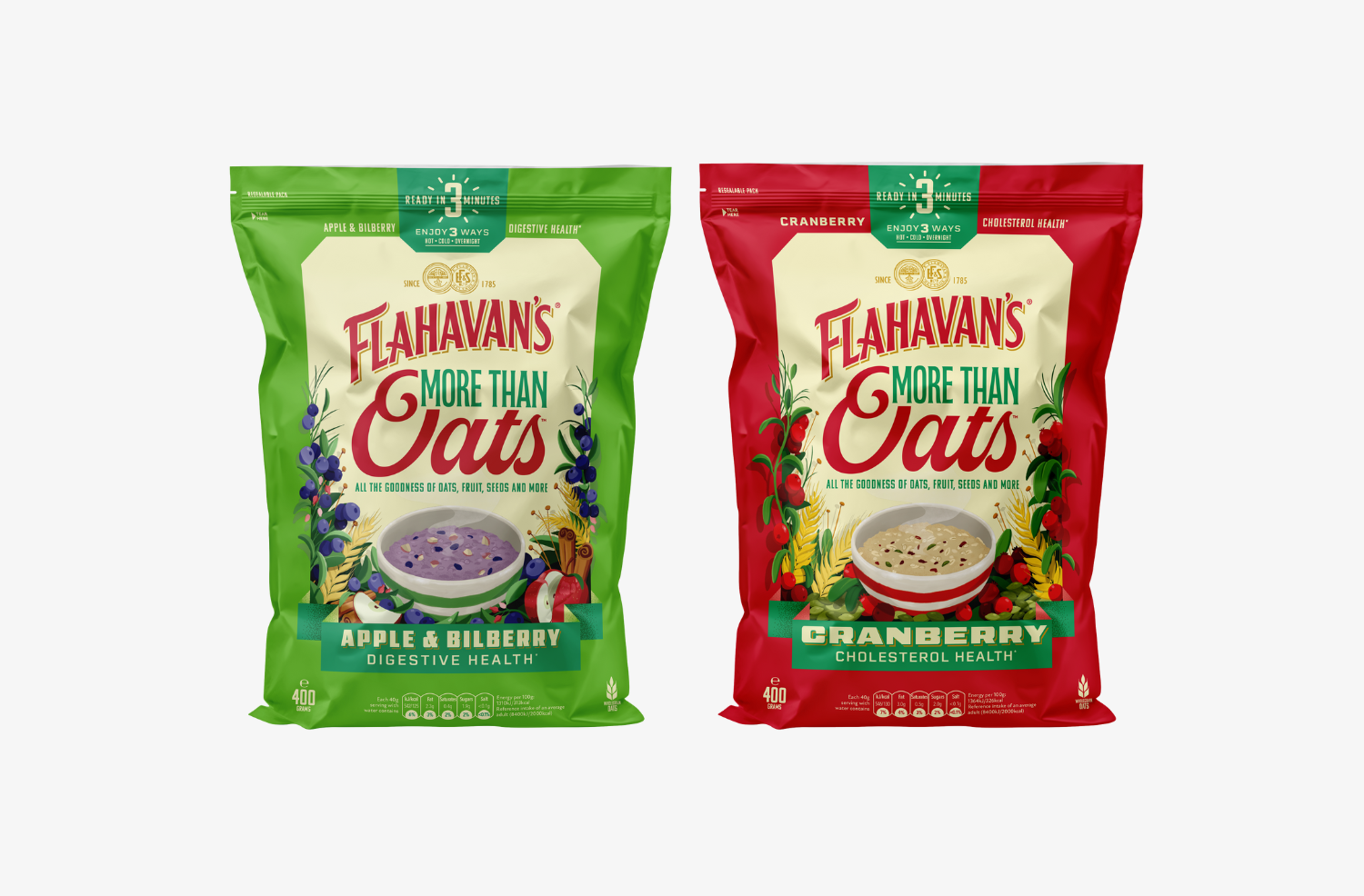 New Flahavan's More Than Oats. More Balance, More Flavour, More Benefits. Apple & Bilberry flavour pack image, Cranberry flavour pack image