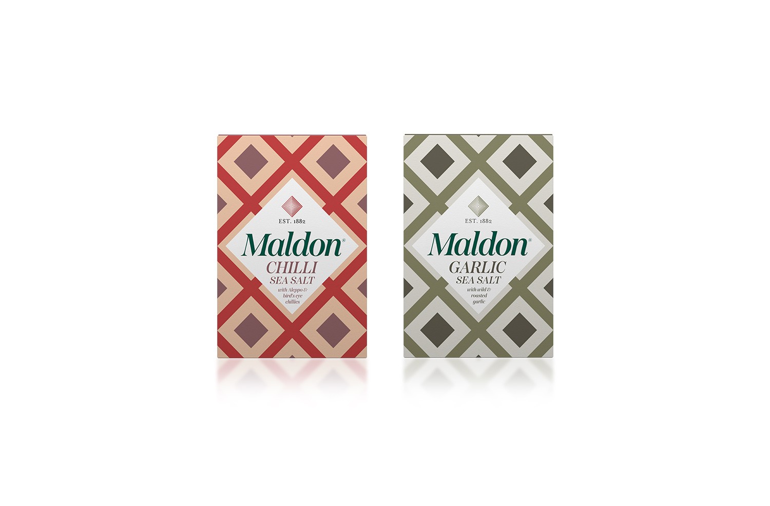 Maldon Garlic Sea Salt & Maldon Chilli Sea Salt Flakes Packs on white background