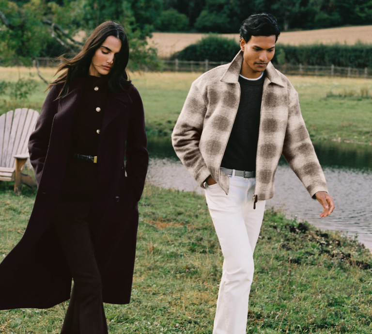 Banner showing reiss winterwear with a male and female model