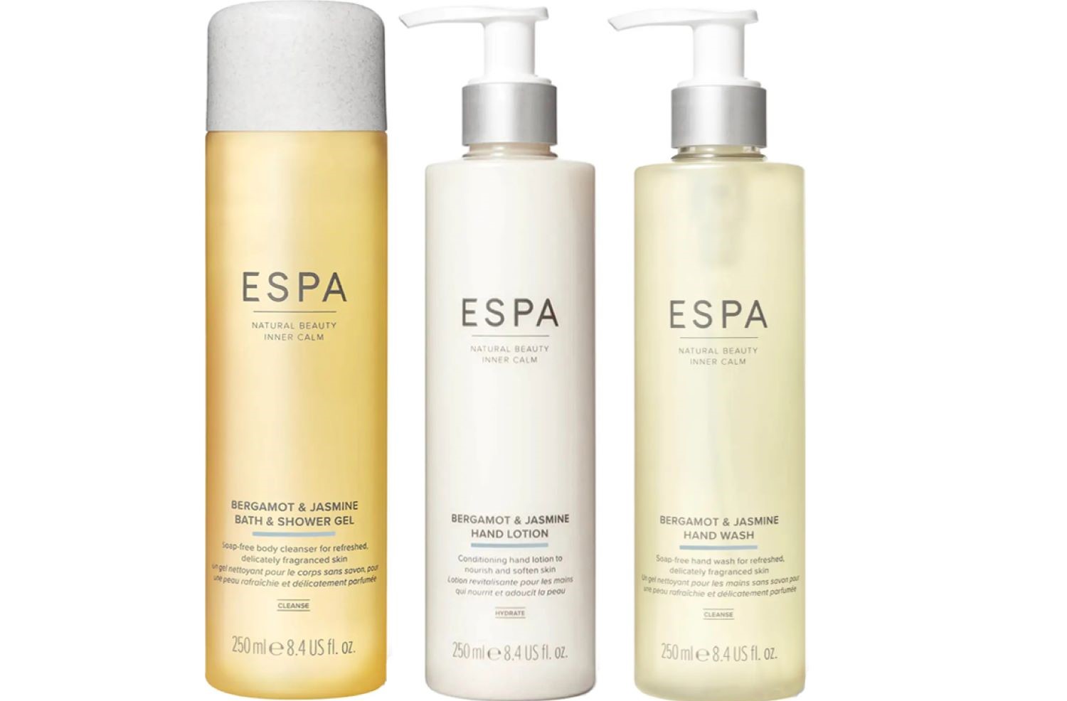 Image includes 3 ESPA products including Bergamot and Jasmine Bath and Shower Gel, Bergamot and Jasmine Hand Lotion and Bergamot and Jasmine Hand Wash.