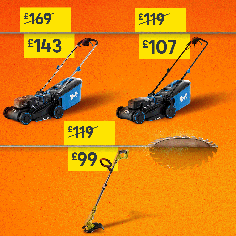 Prices cut on garden power. Includes Mac Allister 1700W 38cm Corded Push Lawnmower was £119 now £99 and Mac Allister 18V Cordless 34cm Push Lawnmower was £169 now £143. Shop now