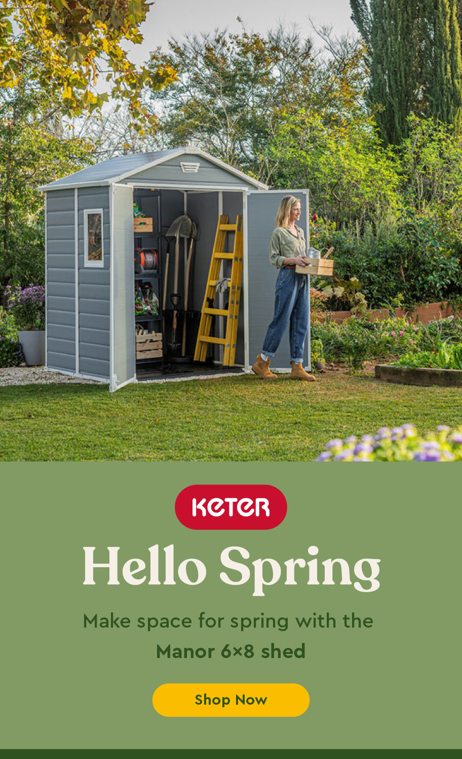 Keter Manor 6x8ft garden shed with doors open in a garden