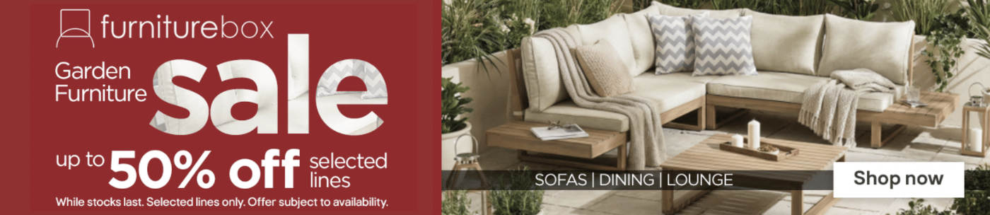 Sponsored Furniture Box banner showing a wide range of garden and patio furniture. Shop now button