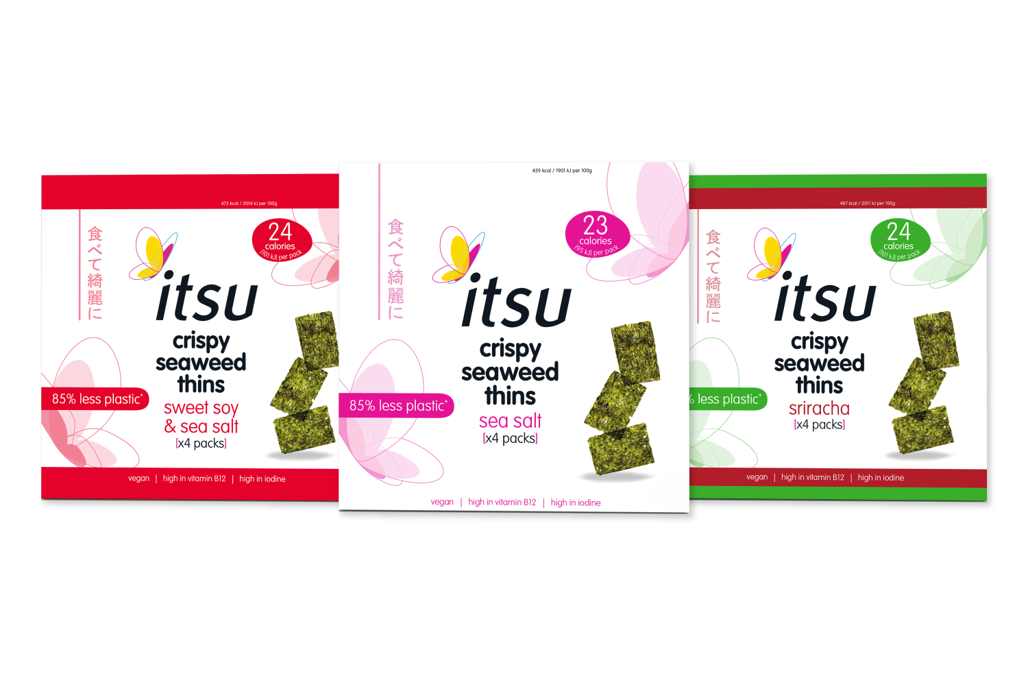 This image shows itsu's seaweed thins in the flavours sea salt, sriracha and sweet soy & sea salt.