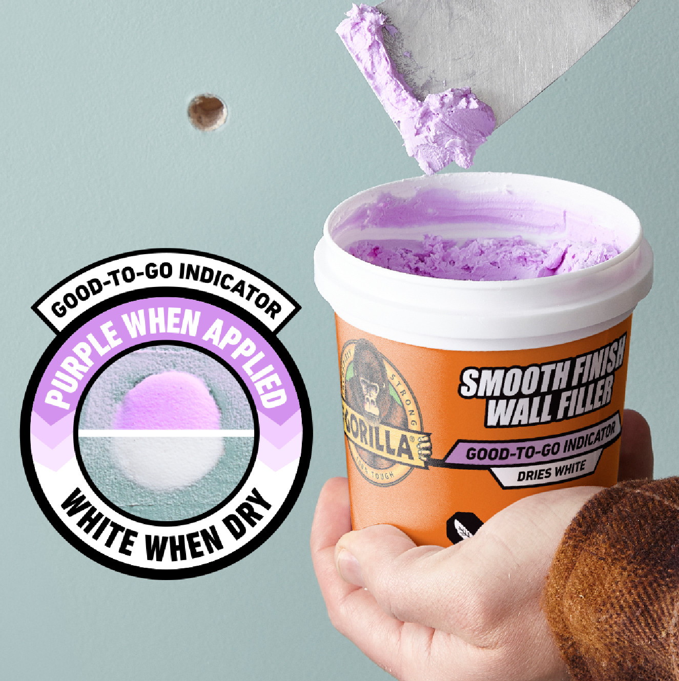 Image showing Gorilla Smooth FInish Wall Filler application, which is purple when applied and white when dry.