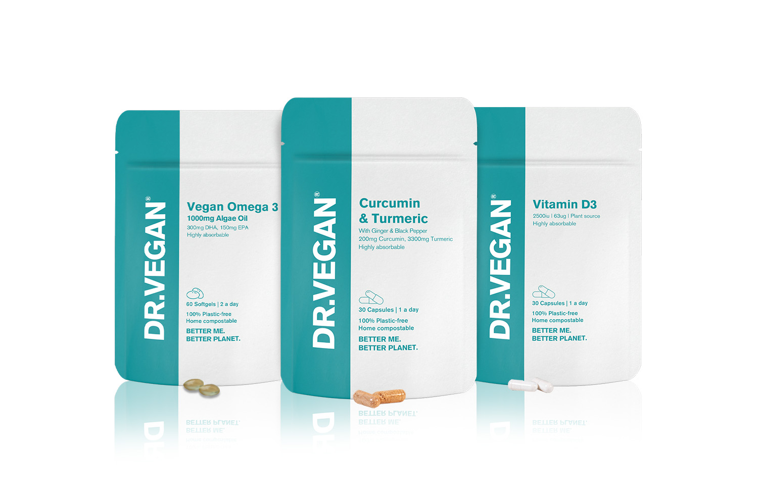 the image shows from left to right the DR.VEGAN® vegan omega 3 supplement, curcumin & turmeric supplement and vitamin d3 supplement.