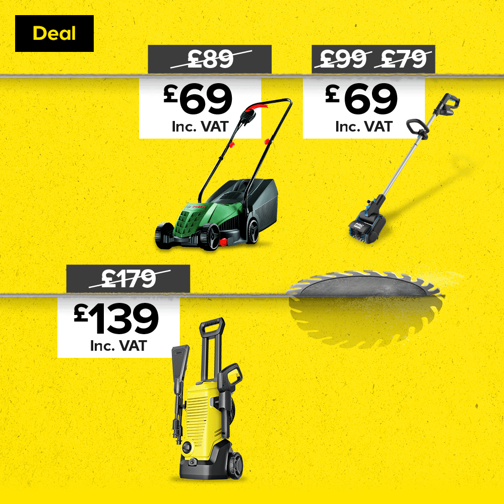 Includes Mac Allister Lawnmower was £69, now £63 including VAT. Kärcher K5  Pressure washer was £289, now £245 including VAT and Bosch Aquatak Pressure washer was £69, now £55 including VAT.