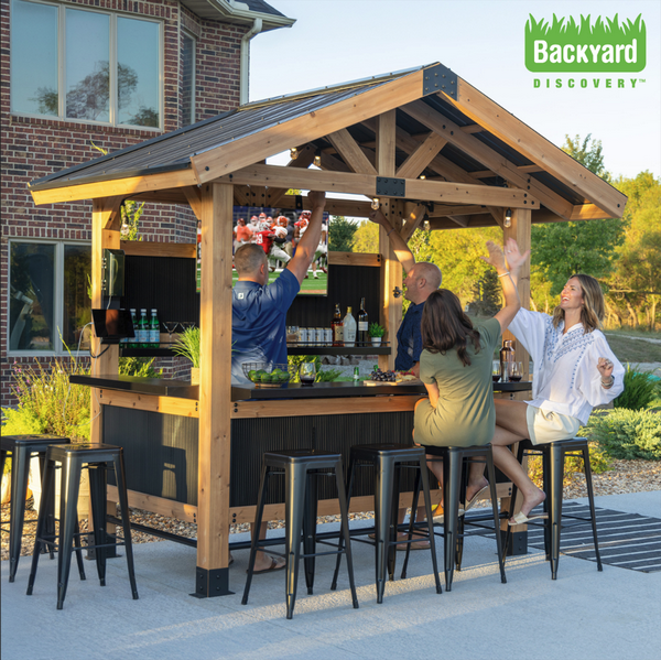 Cedar Springs Outdoor Bar with 'Raise the bar, on outdoor living' text