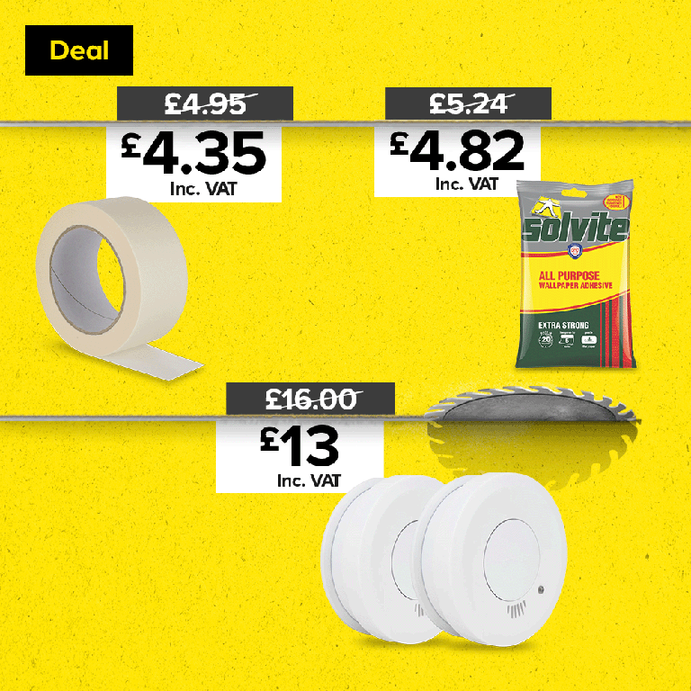 Includes masking tape was 4.95, now 4.35. Solvite wallpaper adhesive was 5.24, now 4.82.  Fire angel fire alarms was 16, now 13.