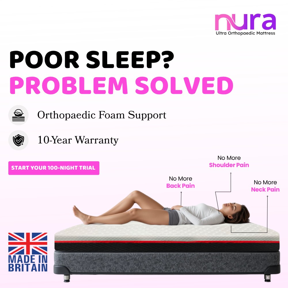 Nura orthopedic memory foam mattress showing quilted cover, firm foam layers and 100% satisfaction guarantee icons