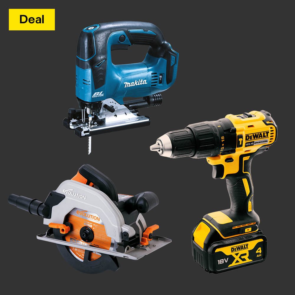Image of Dewalt drill, black and decker sander, Bosch multi tool. Shop now