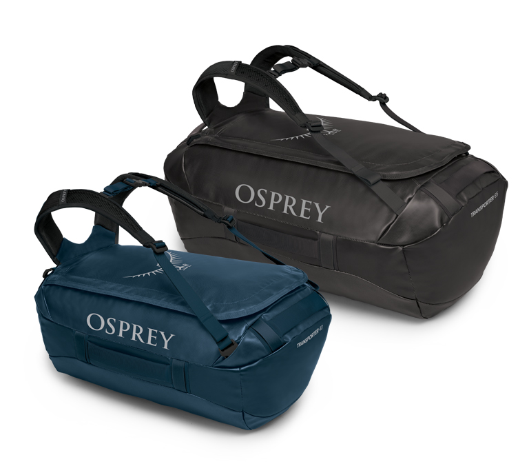 Osprey product imagery of Holdall Transporter 65 and 40 in black and blue