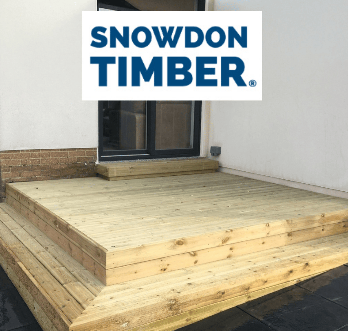 Sponsored Banner X advertisement - Transform your outdoors today with Snowdon Timber. Image of timber decking and outside of a house. Shop now button