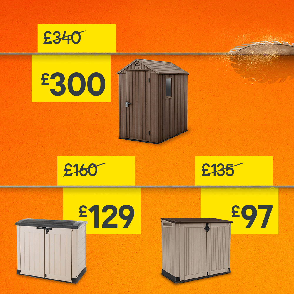 Includes Keter Store It Out Midi 880L garden storage box in beige and brown, was £340 now £300, and Keter Darwin 6 x 4ft apex plastic shed with floor, one window and base included, was £160 now £129.