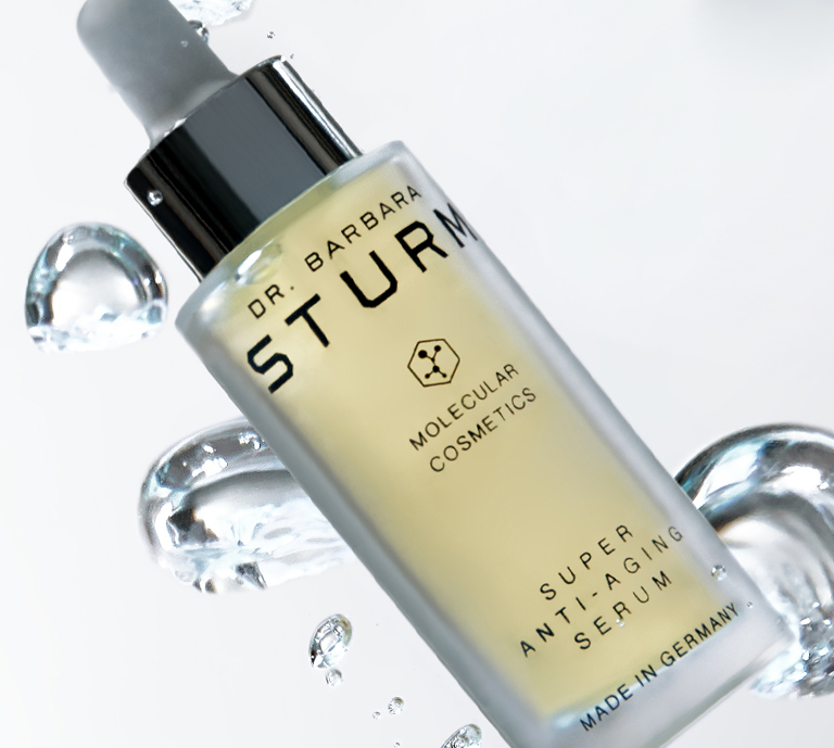 Banner advertisement for Dr. Barbara Sturm’s HYALURONIC SERUM with product imagery and a “Shop now” button.